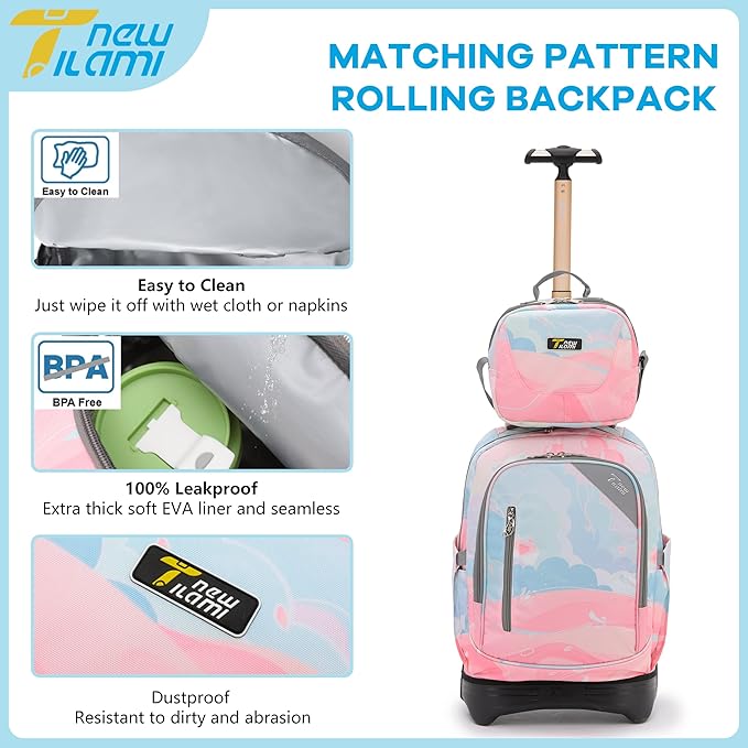NEW TILAMI 18 inch Rolling Backpack for Girls – Waterproof, Large Capacity, Stair-Climbing Design, Adjustable Handle, Great for School, Pink Sunset by TinyTreasures Baby Boutique